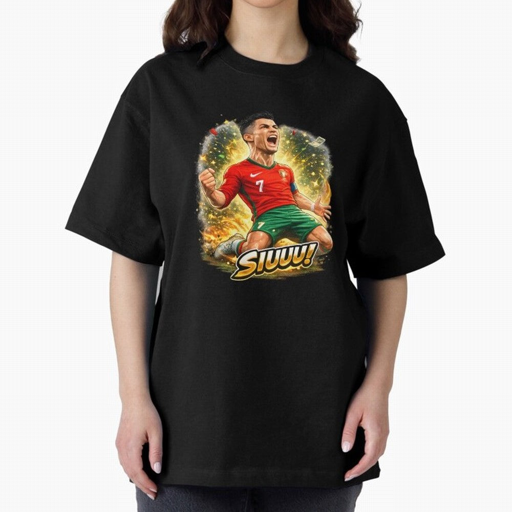 CR7 SIUUU Celebration Cartoon ¨C Legendary Football Goal Celebration Oversized T-Shirt Celebrate Rivalries and Pride in FIFA World Cup 2026 USA Canada Mexico for Fans of Cristiano Ronaldo, Haaland and CR7 and Portugal, Spain and Germany, Bringing