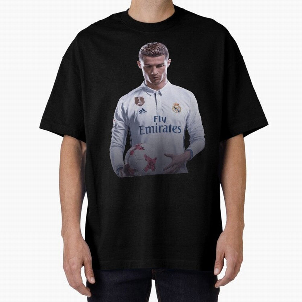 Ronaldo Madrid Jersey Poster Oversized T-Shirt Follow the Final Road of FIFA World Cup 2026 Spirit, Inspired by Portugal, CR7 and Messi, Retro Football Energy, Iconic Rivalries, Trophy Chase Drama and Stadium Atmosphere; Perfect for Fans,