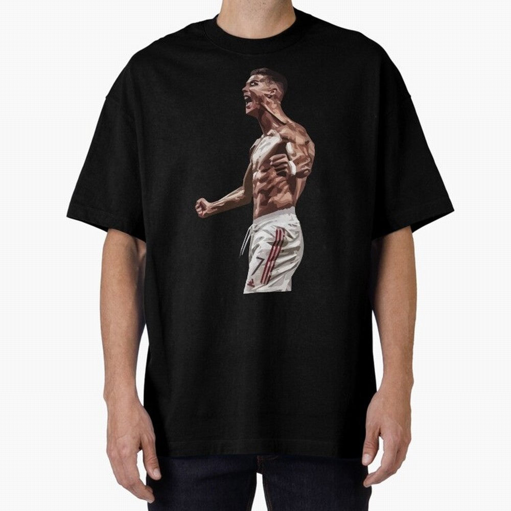 Cristiano Ronaldo - Celebration - CR7 - Manchester United Oversized T-Shirt Follow the Road to FIFA World Cup 2026 USA Canada Mexico with Messi, Neymar and Mbappe, England and Germany Energy, Championship Spirit, Famous Goals, Roaring Crowds and