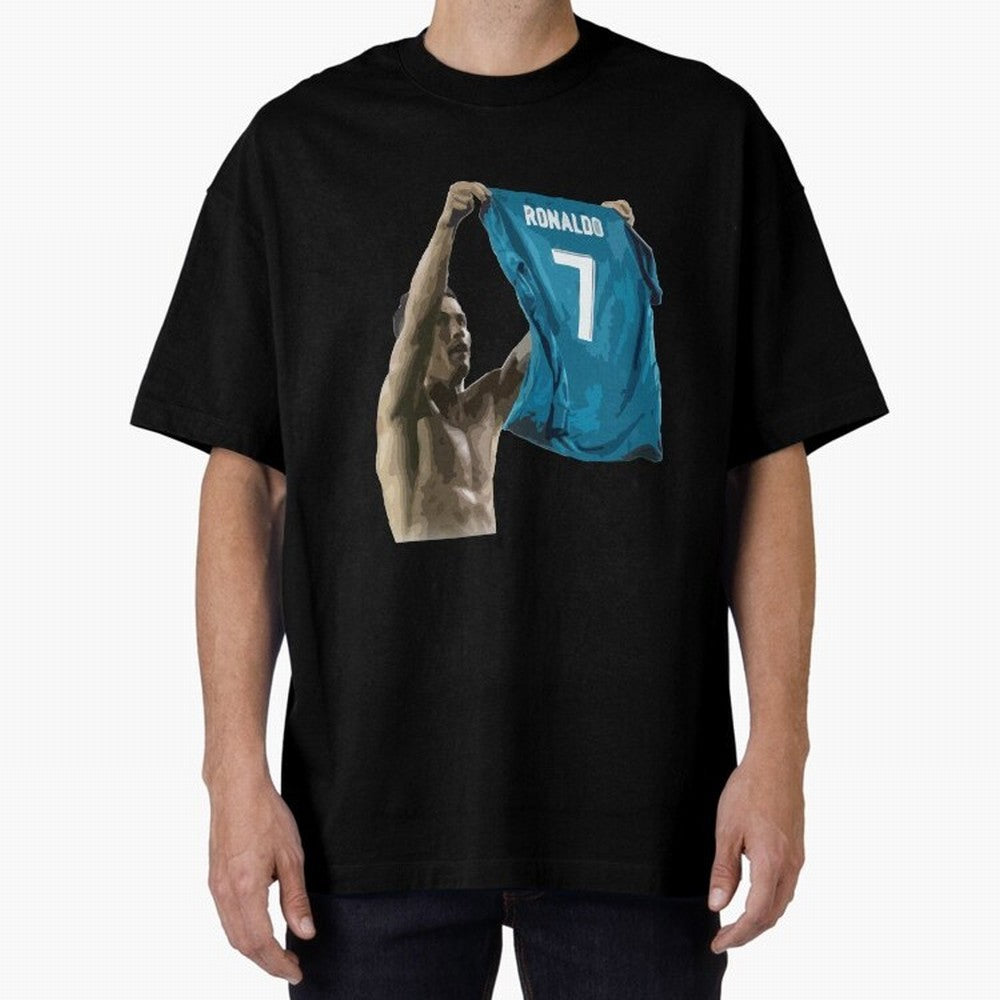 Cristiano Ronaldo celebration goal against Barcelona Oversized T-Shirt Bring Supporter Culture to Global Football Passion for FIFA World Cup 2026 USA Canada Mexico, with Messi, CR7 and Mbappe, Brazil, Portugal and Argentina, Soccer Culture,
