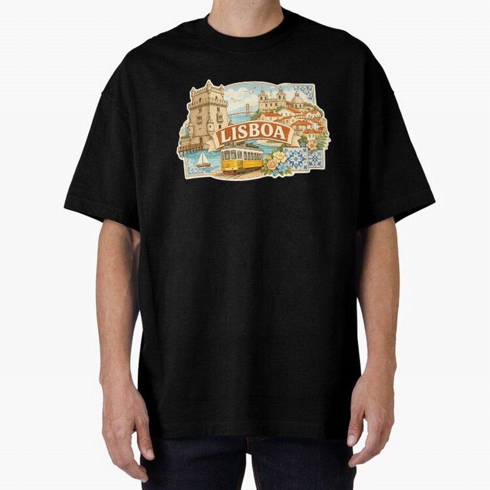 Vintage Tram Lisbon Illustration Oversized T-Shirt Carry National Pride through FIFA World Cup 2026 USA Canada Mexico Spirit, Filled with England and Germany, Messi, CR7 and Mbappe, Sports Nostalgia, International Competition, Famous Players and