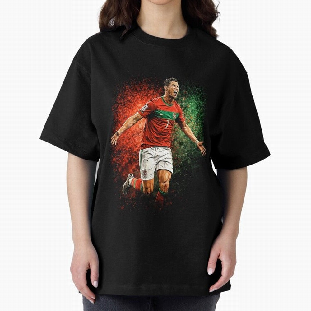 Cristiano Ronaldo Football Legend Oversized T-Shirt Mark Global Football Passion for FIFA World Cup 2026 USA Canada Mexico, with Messi, Neymar and Mbappe, Brazil, Retro Football Energy, Iconic Rivalries, Trophy Chase Drama and Stadium Atmosphere;