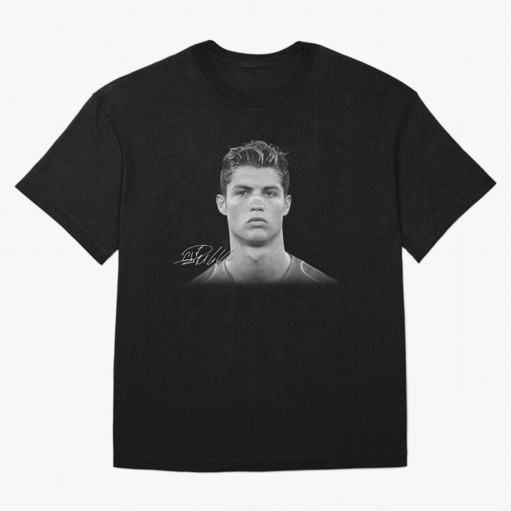 Cristiano Ronaldo T-Shirt Big Face Young Ronaldo - Black and White Oversized T-Shirt Get Ready for FIFA World Cup 2026 Spirit, Built around Netherlands, Messi, Neymar and Mbappe, Football History, Final Match Energy, Crowd Noise and Once in a