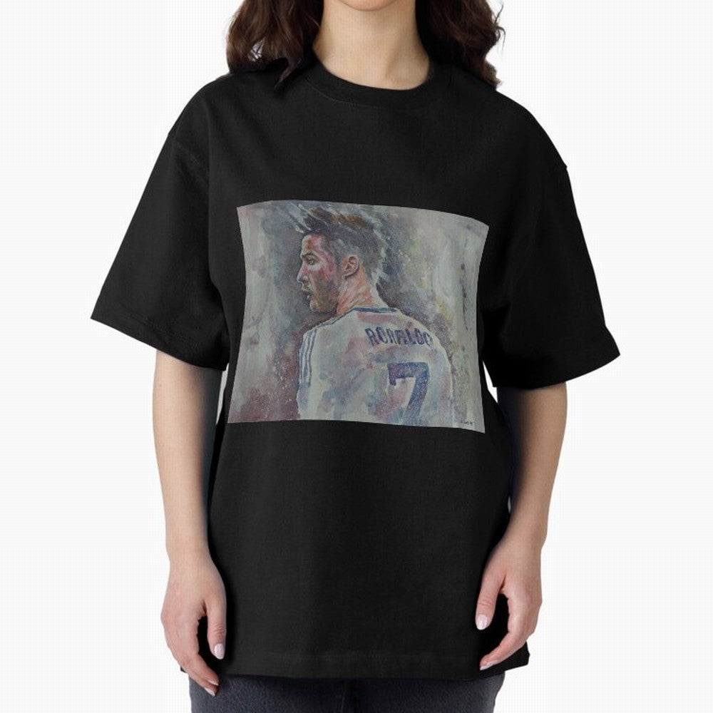 Cristiano Ronaldo - Portrait 1 Oversized T-Shirt Spotlight Global Football Passion for FIFA World Cup 2026 USA Canada Mexico, Connected to CR7 and Messi, Portugal, Supporter Pride, Iconic Celebrations, Legendary Names and Global Match Day Energy;
