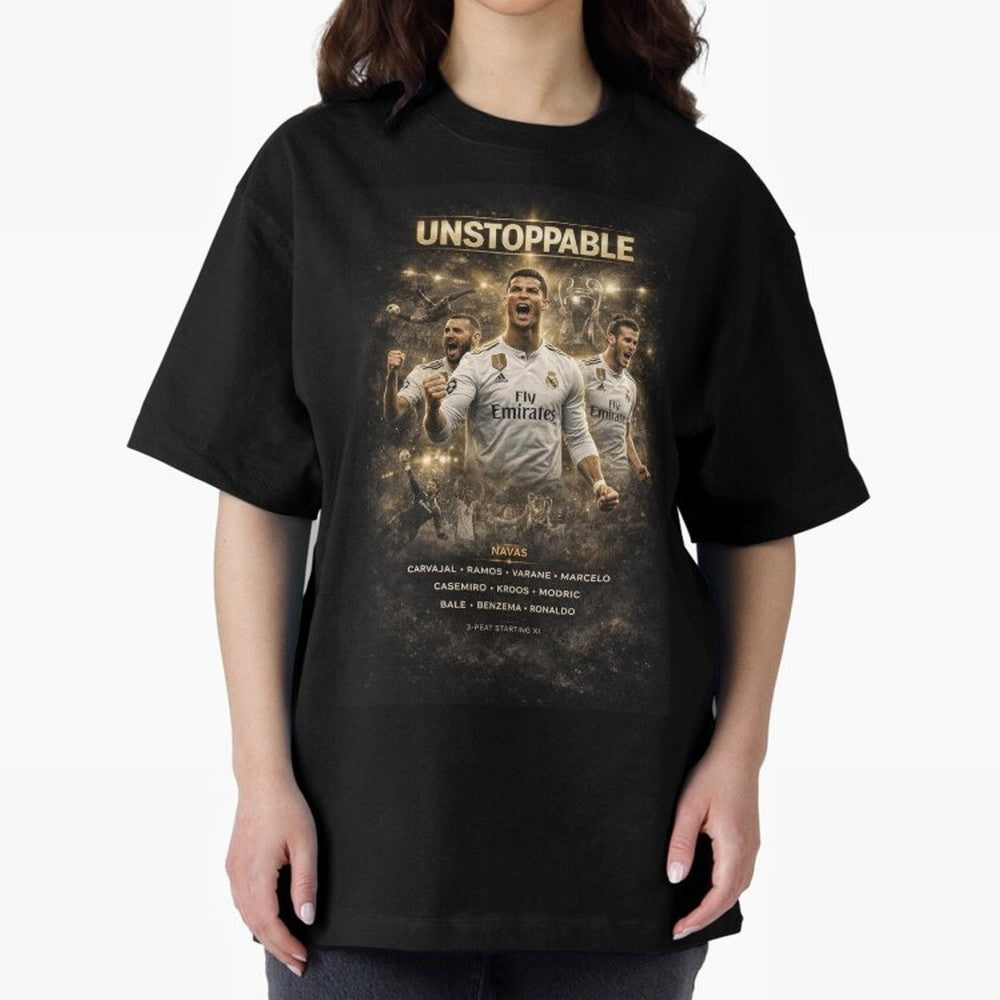 Unstoppable - Real Madrid Oversized T-Shirt Celebrate the Biggest Stage of FIFA World Cup 2026 USA Canada Mexico Featuring Mbappe and Neymar, Brazil Energy, Match Day Excitement, Supporter Culture, Golden Goals and Global Football Passion; Ideal