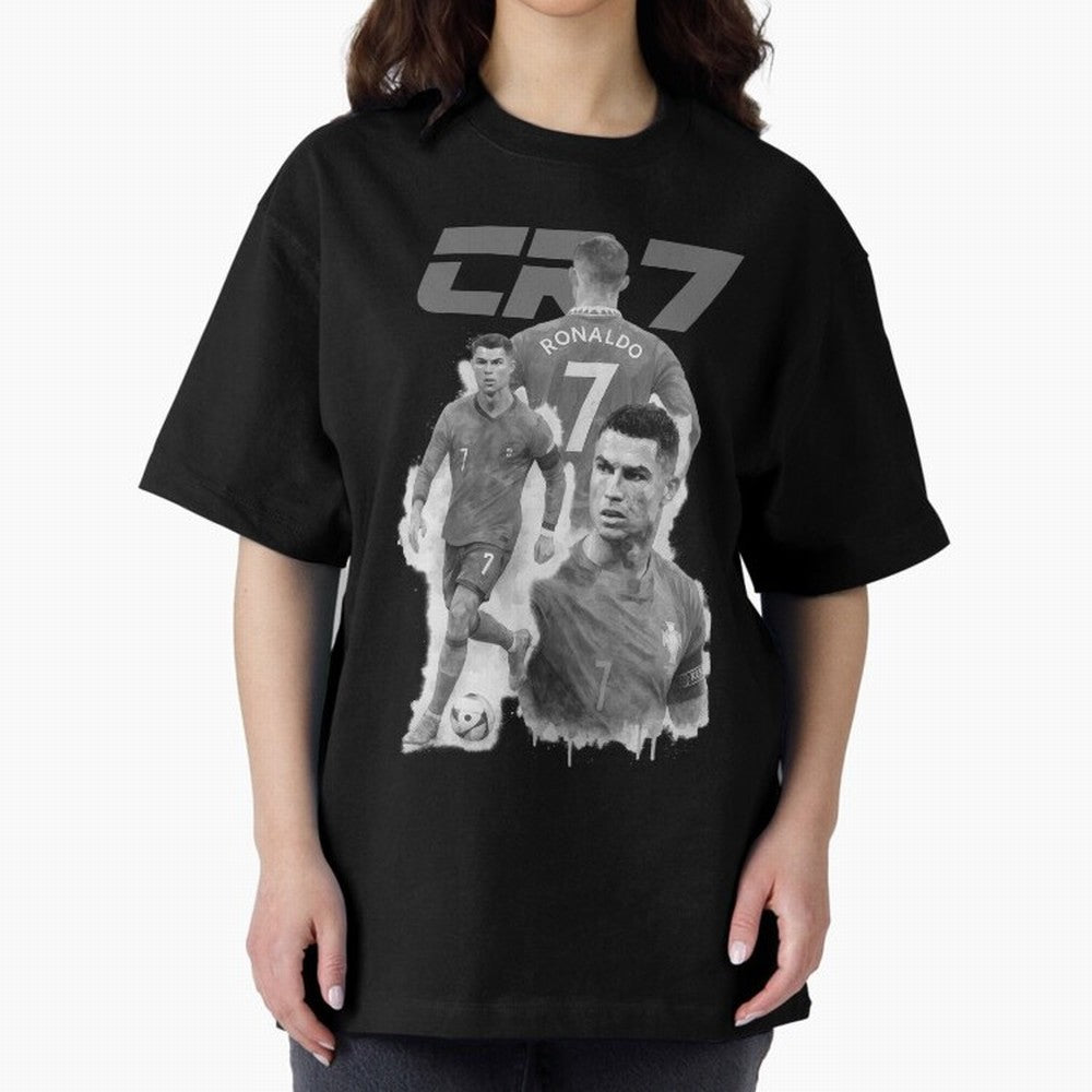 CR7 Cristiano Ronaldo illustration ink black white watercolour Oversized T-Shirt Upgrade Match Day Hype around FIFA World Cup 2026 Group Stage, Mbappe, Argentina, France and Brazil, Supporter Pride, Iconic Celebrations, Legendary Names and Global