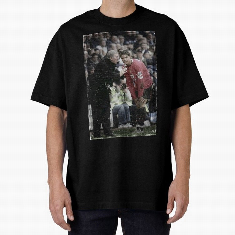 Sir Alex Ferguson and Cristiano Ronaldo Oversized T-Shirt Stand with Global Football Passion for FIFA World Cup 2026 Group Stage, Driven by Mbappe and Neymar, Argentina, Championship Spirit, Famous Goals, Roaring Crowds and International Football
