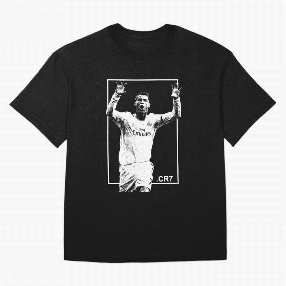 Cristiano Ronaldo CR7 in Black and White Design Oversized T-Shirt Stand with FIFA World Cup 2026 Filled with CR7, Spain and Netherlands Energy, Goal Celebration Energy, Supporter Heritage, Football Icons and Worldwide Tournament Joy; Ideal for