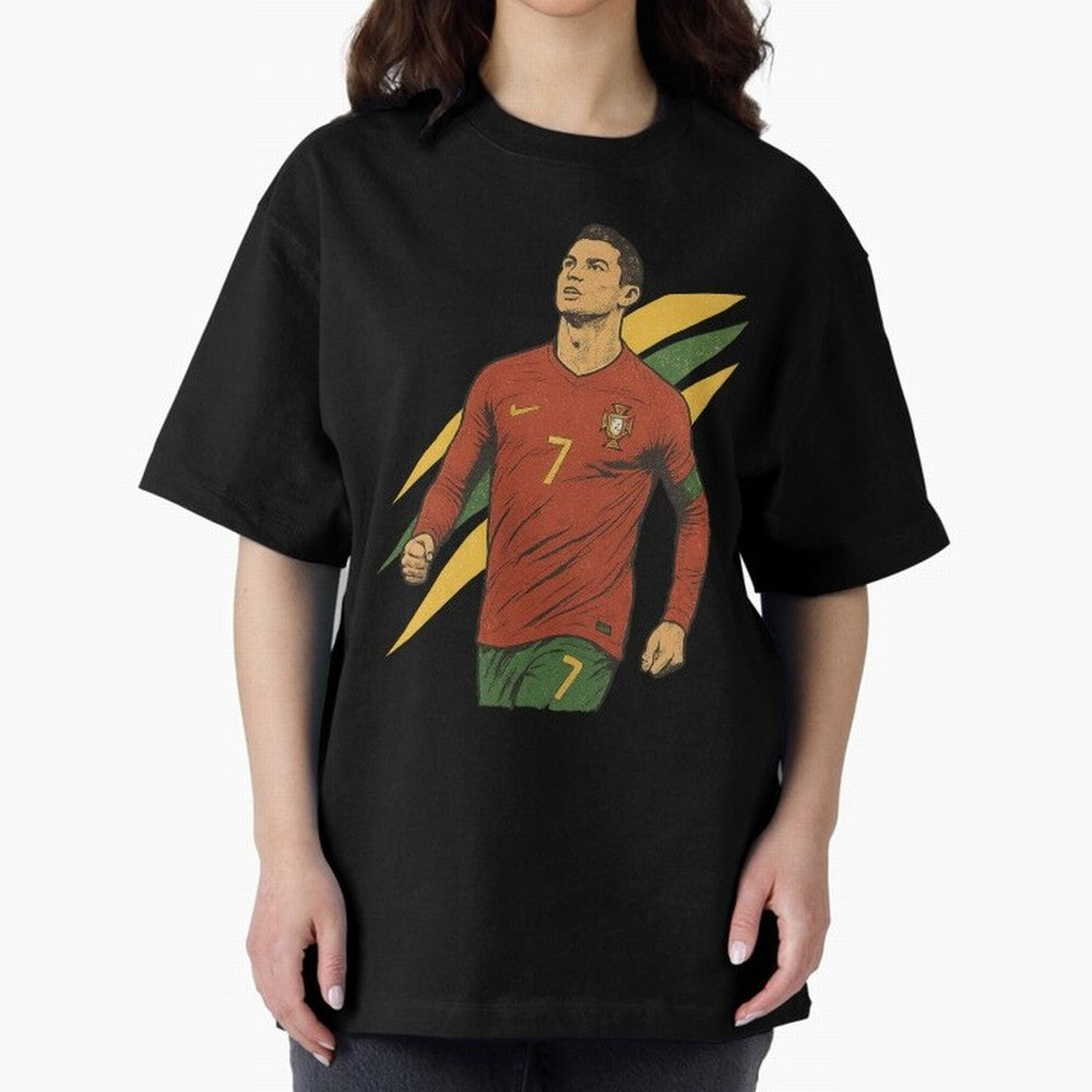 Cristiano Ronaldo Retro Portugal Football Art ¨C Vintage Supporter Design Oversized T-Shirt Remember Iconic Moments from FIFA World Cup 2026 for Fans of Haaland and Mbappe and Argentina and Brazil, Bringing Championship Spirit, Famous Goals,
