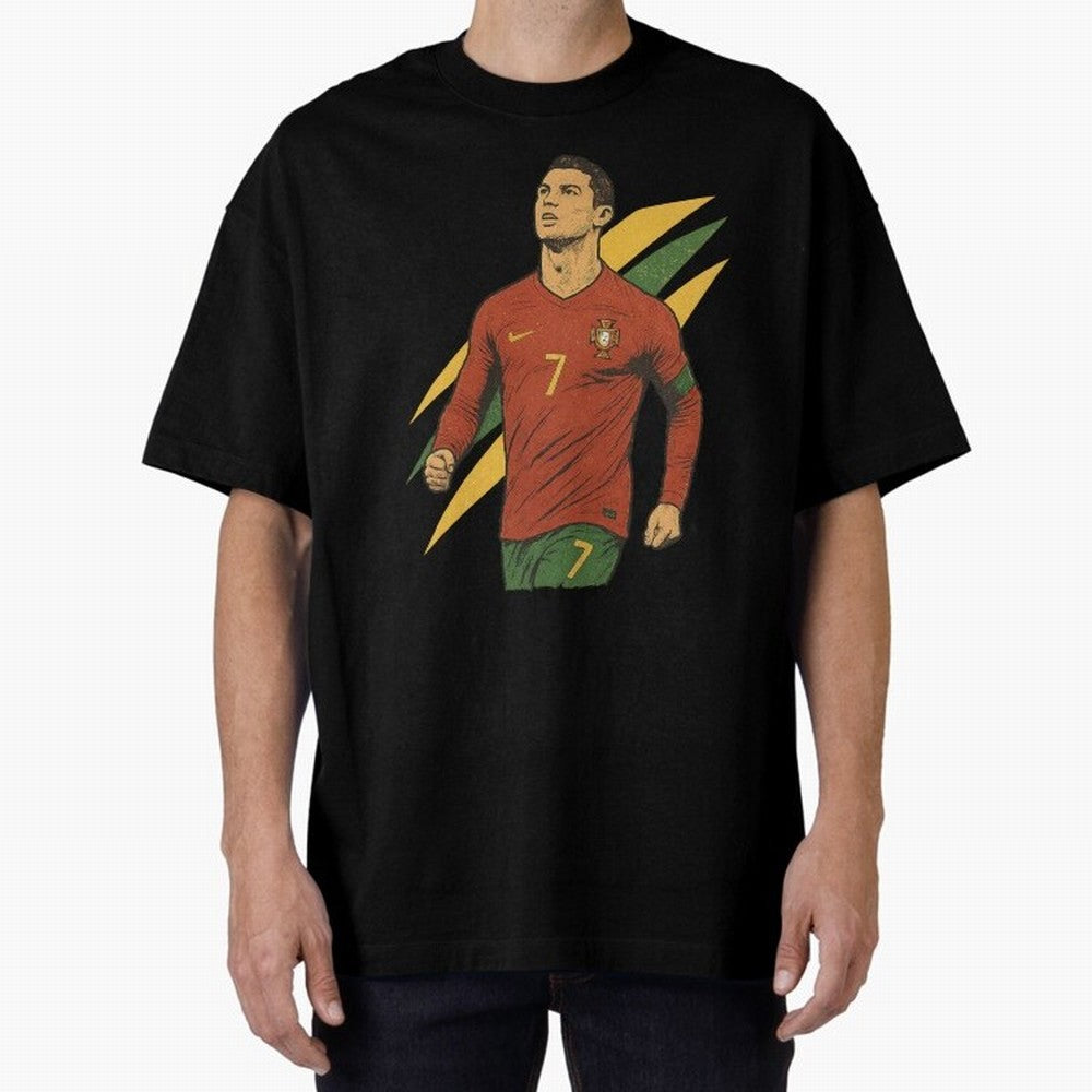 Cristiano Ronaldo Retro Portugal Football Art ¨C Vintage Supporter Design Oversized T-Shirt Remember Iconic Moments from FIFA World Cup 2026 for Fans of Haaland and Mbappe and Argentina and Brazil, Bringing Championship Spirit, Famous Goals,