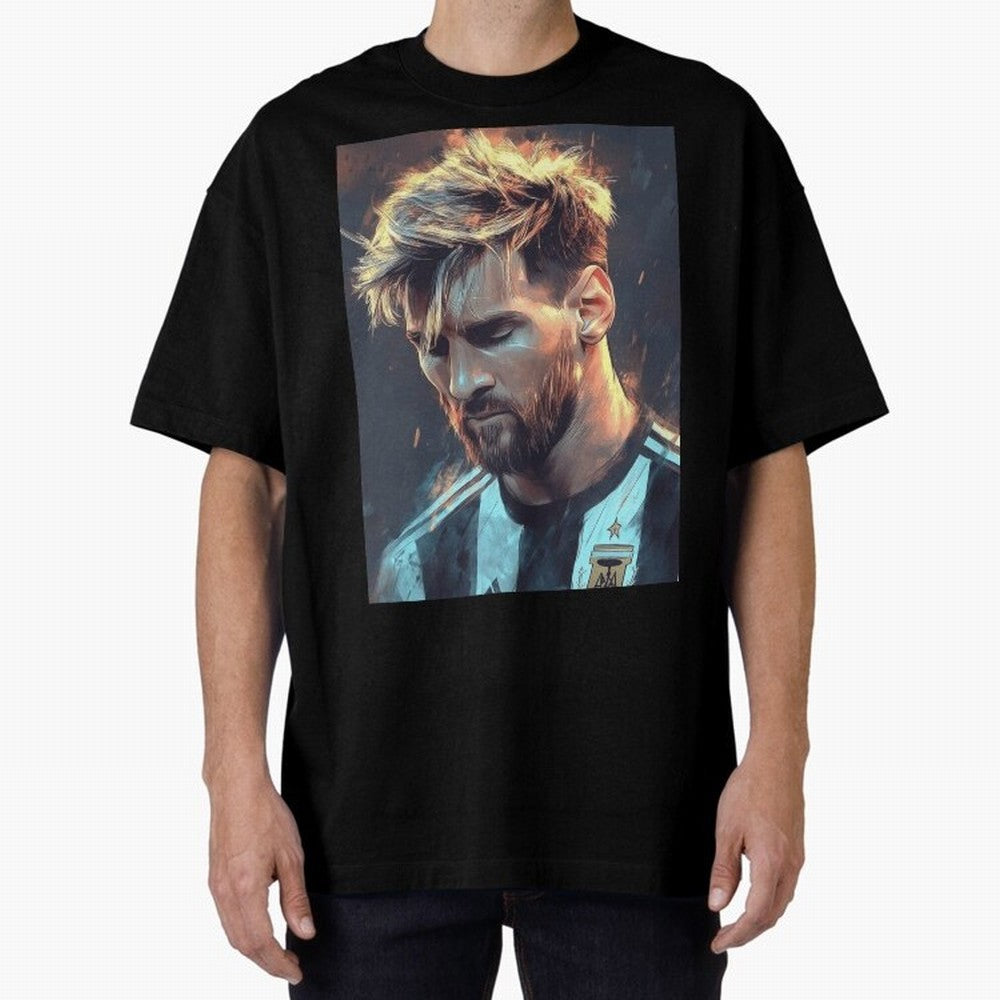 leo Messi Oversized T-Shirt Honor Football Greatness during Match Day Hype around FIFA World Cup 2026 Group Stage, Cristiano Ronaldo, Argentina, Championship Spirit, Famous Goals, Roaring Crowds and International Football Unity; Built for