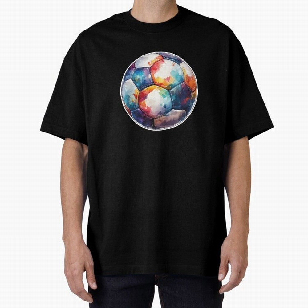 Football Soccer Ball Watercolor Illustration Drawing (Gray Blue BG) Oversized T-Shirt Embrace FIFA World Cup 2026 USA Canada Mexico Spirit, Highlighting Portugal, Spain and Germany, Mbappe, Football Passion, Legendary Performances, Festival Vibes
