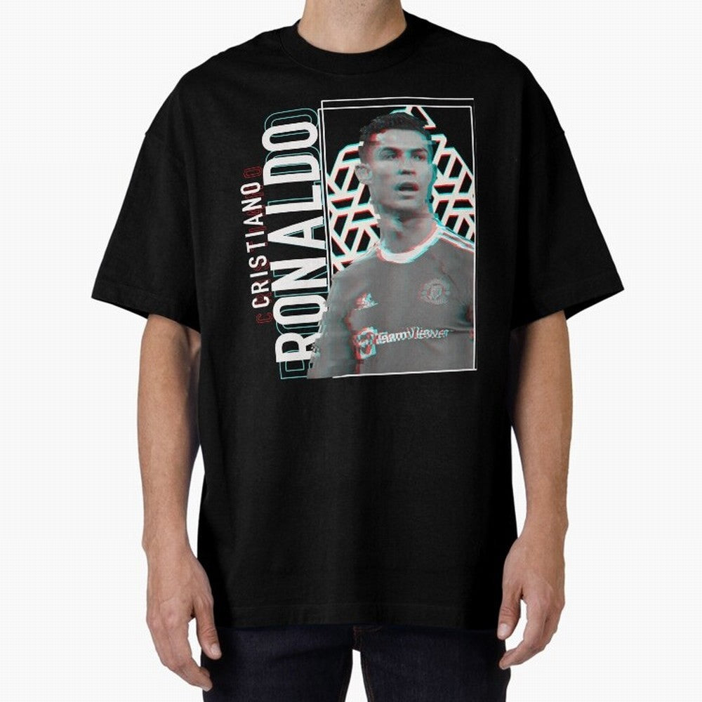 Cristiano Ronaldo Glith Effect Oversized T-Shirt Embrace FIFA World Cup 2026 Group Stage Spirit, Highlighting France and Portugal, Messi, CR7 and Mbappe, Sports Nostalgia, International Competition, Famous Players and Unforgettable Victories; Made