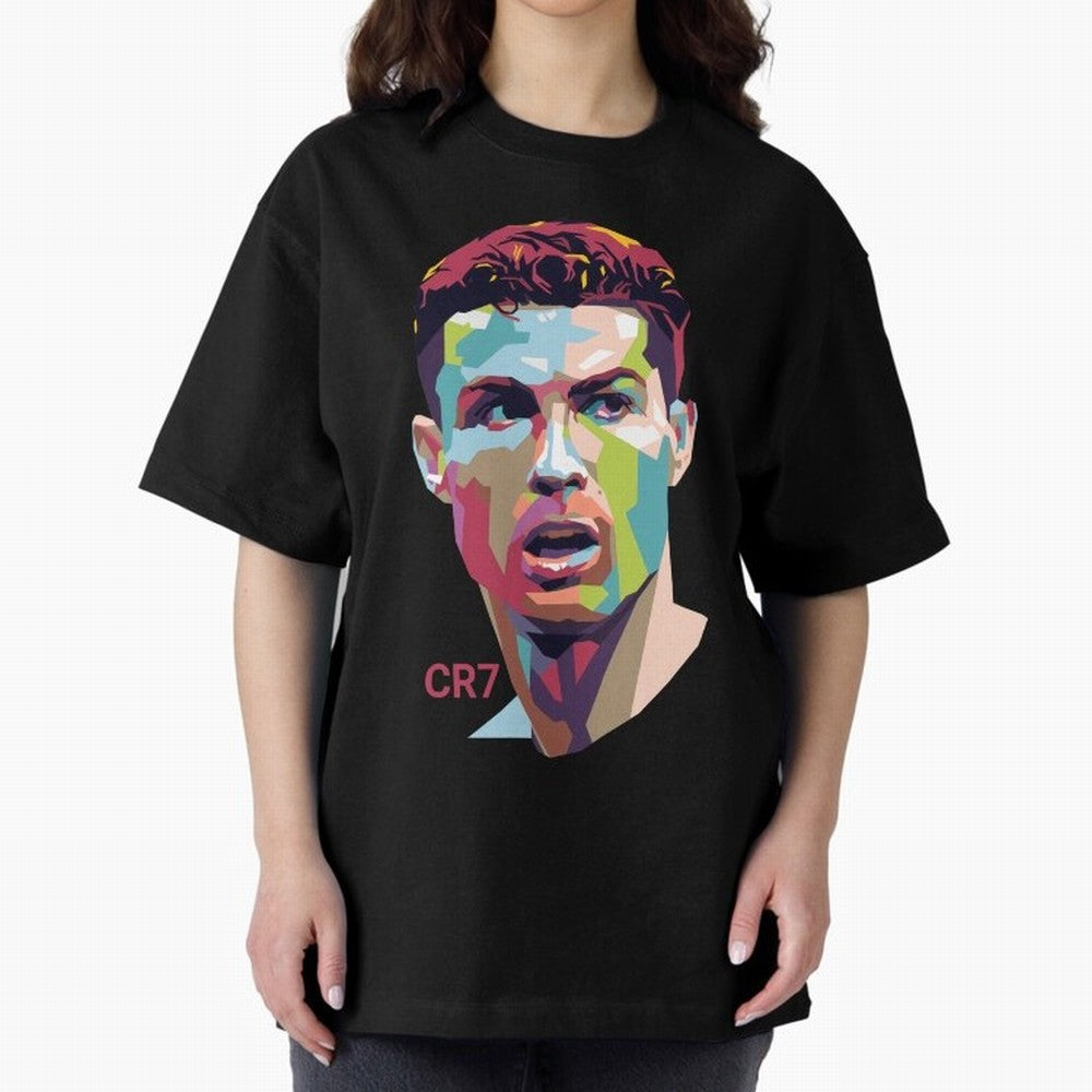 Cristiano Ronaldo Pop Art Portrait Oversized T-Shirt Celebrate the Stars of FIFA World Cup 2026 Group Stage for Fans of CR7 and Brazil, Portugal and Argentina, Bringing Football History, Final Match Energy, Crowd Noise and Once in a Lifetime