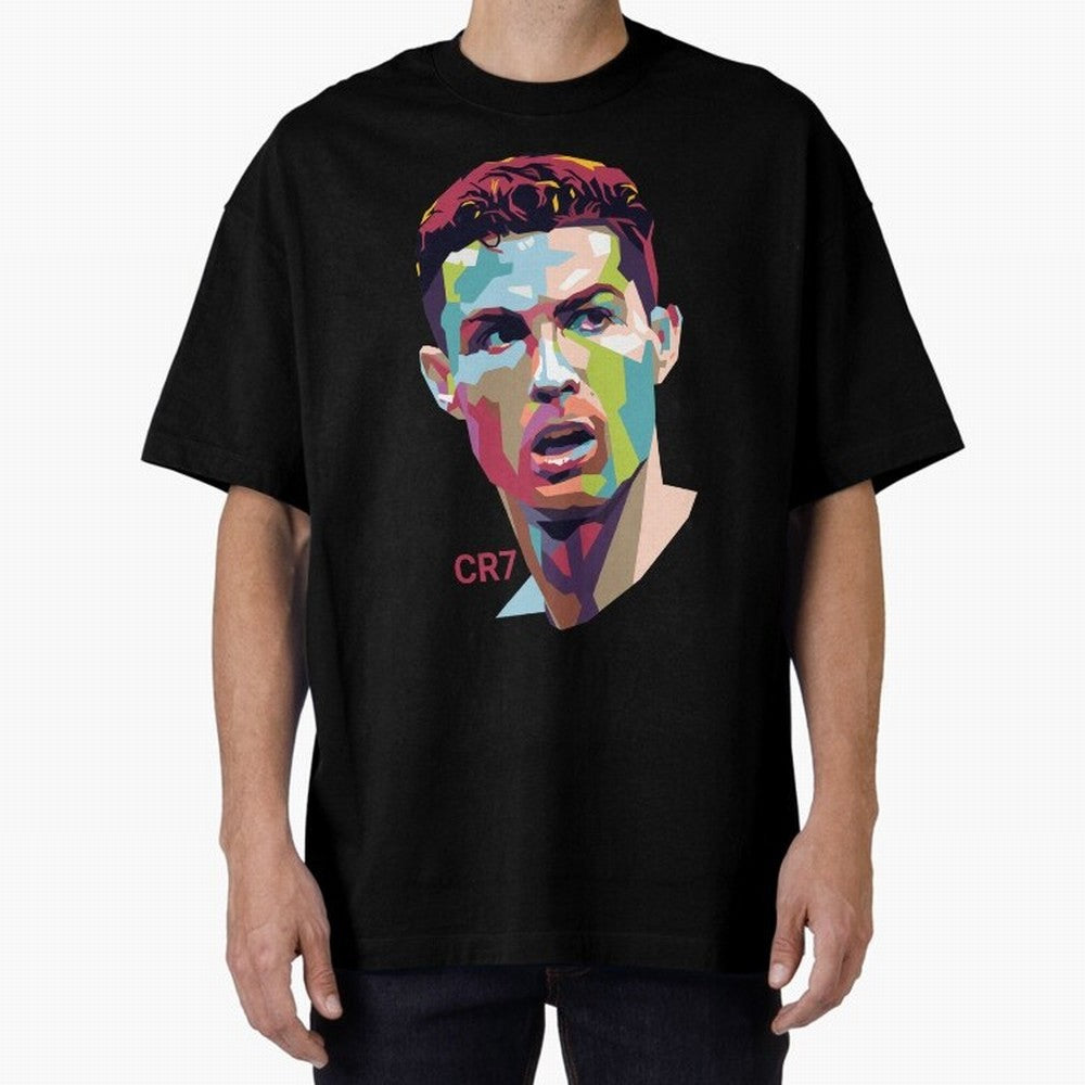 Cristiano Ronaldo Pop Art Portrait Oversized T-Shirt Celebrate the Stars of FIFA World Cup 2026 Group Stage for Fans of CR7 and Brazil, Portugal and Argentina, Bringing Football History, Final Match Energy, Crowd Noise and Once in a Lifetime
