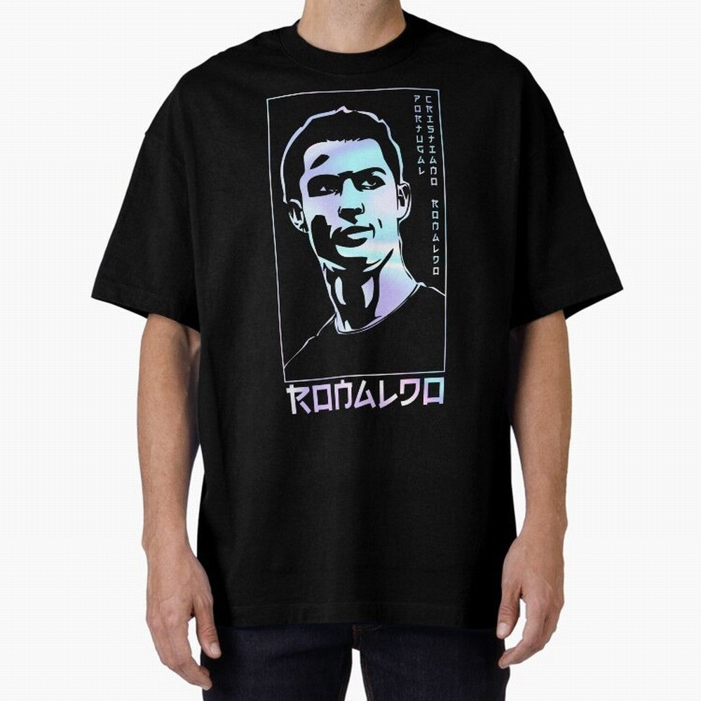 Ronaldo holographic Style Portrait art illustration Oversized T-Shirt Live the Energy of Global Football Passion for FIFA World Cup 2026, Centered on Messi, CR7 and Mbappe, Portugal, Worldwide Fan Energy, Dramatic Goals, Stadium Lights and