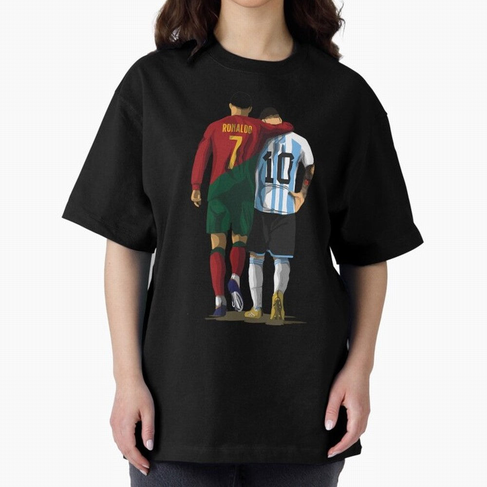 Messi Ronaldo Chit Chat Illustration Oversized T-Shirt Follow the Road to FIFA World Cup 2026 Group Stage Spirit, Built around France, Messi, Neymar and Mbappe, Championship Spirit, Famous Goals, Roaring Crowds and International Football Unity;