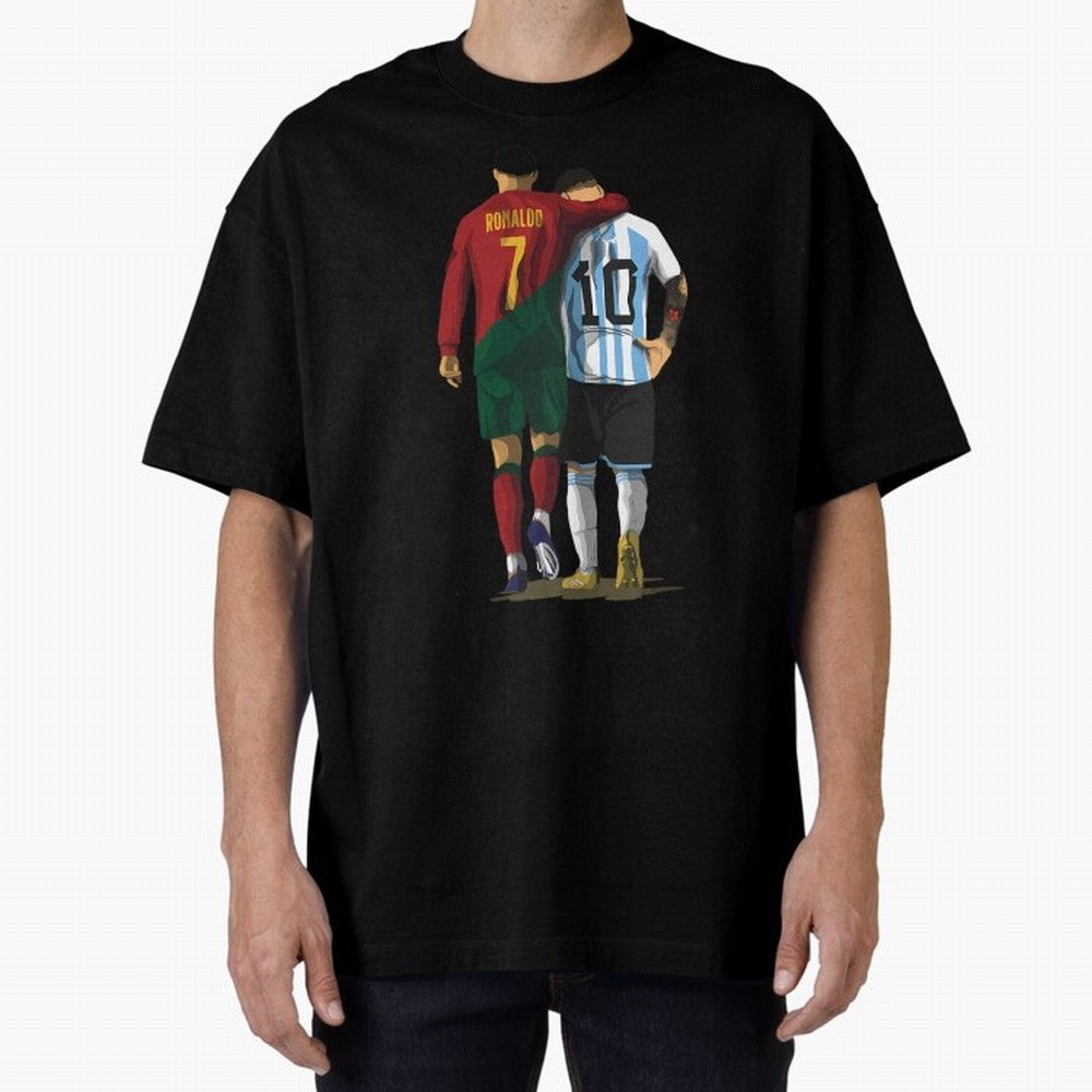 Messi Ronaldo Chit Chat Illustration Oversized T-Shirt Follow the Road to FIFA World Cup 2026 Group Stage Spirit, Built around France, Messi, Neymar and Mbappe, Championship Spirit, Famous Goals, Roaring Crowds and International Football Unity;