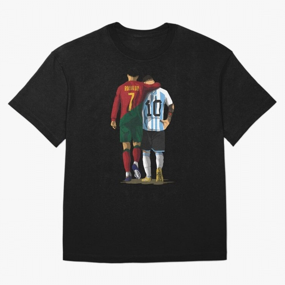 Messi Ronaldo Chit Chat Illustration Oversized T-Shirt Follow the Road to FIFA World Cup 2026 Group Stage Spirit, Built around France, Messi, Neymar and Mbappe, Championship Spirit, Famous Goals, Roaring Crowds and International Football Unity;