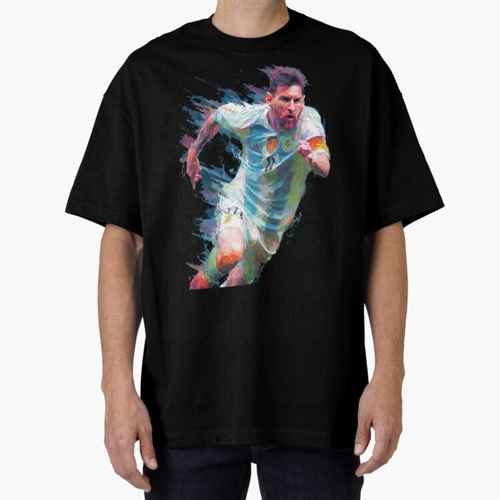 Messi in action Graphic Paint poster design Oversized T-Shirt Upgrade Global Football Passion for FIFA World Cup 2026 USA Canada Mexico, Filled with Mbappe, Portugal, Vintage Soccer Flavor, Modern Football Stars, National Flags and Final Night