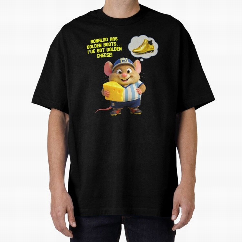 Zippy¡¯s Golden Cheese vs Ronaldo Oversized T-Shirt Capture Stadium Memories from FIFA World Cup 2026 USA Canada Mexico Highlighting Messi and Cristiano Ronaldo, Germany Energy, Sports Nostalgia, International Competition, Famous Players and