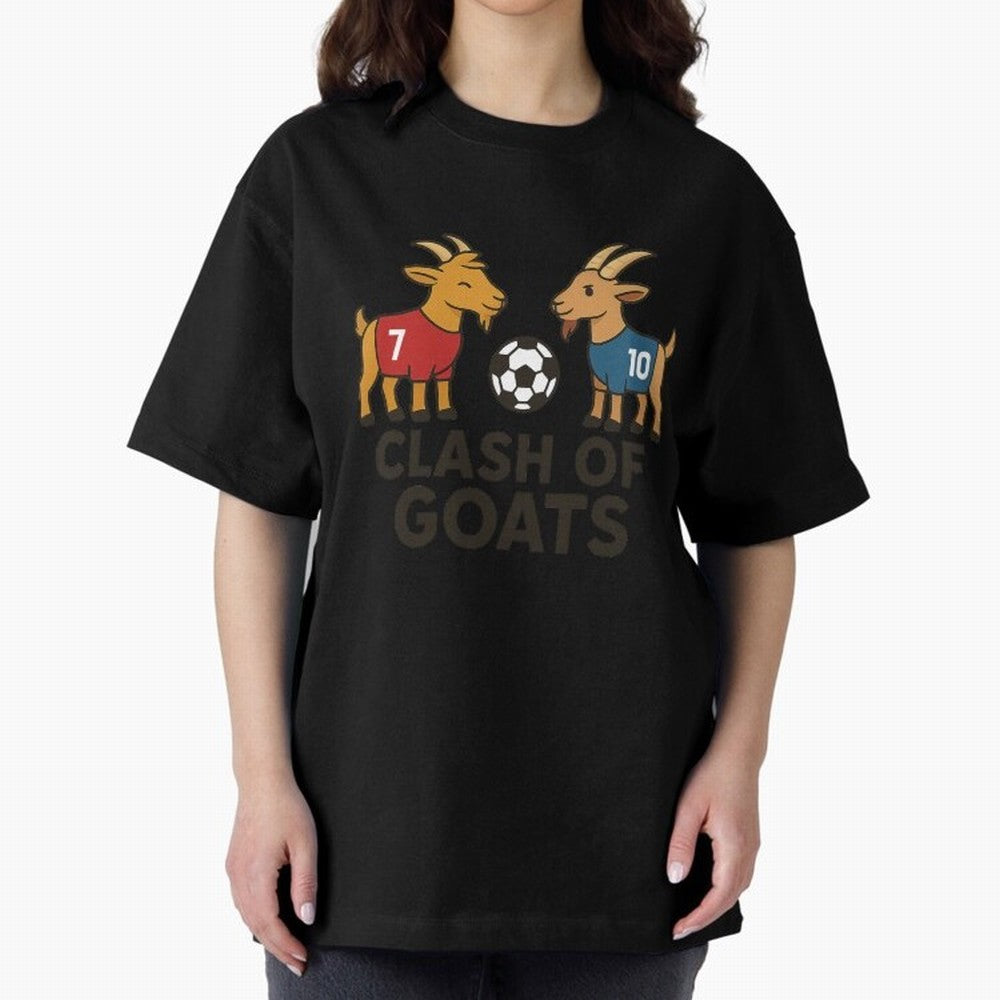 Clash of GOATs ¨C Funny Ronaldo vs Messi Inspired Football T-Shirt Design Oversized T-Shirt Join Supporters Worldwide for the FIFA World Cup 2026 Journey through Cristiano Ronaldo Highlights, Germany Pride, Retro Football Energy, Iconic Rivalries,