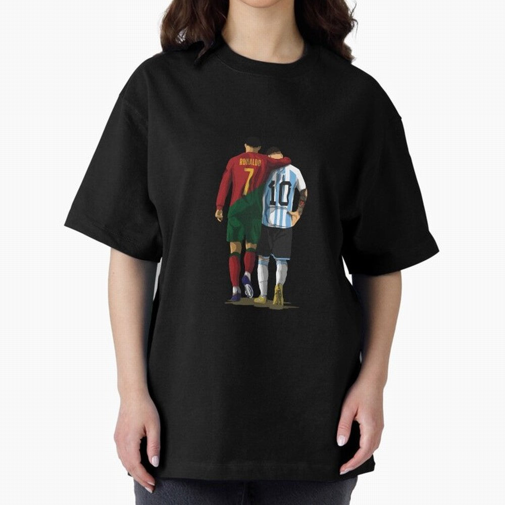 Messi Ronaldo Chit Chat Illustration Classic Oversized T-Shirt Celebrate Match Day Hype around FIFA World Cup 2026 Group Stage, Messi and Cristiano Ronaldo, Brazil, Portugal and Argentina, Stadium Chants, National Pride, Trophy Dreams and