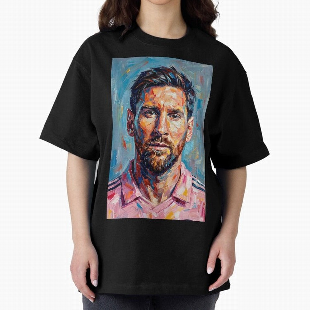 Portrait Painting of Lionel Messi Classic T-Shirt Celebrate Fan Culture around FIFA World Cup 2026 USA Canada Mexico Connected to Mbappe and Neymar, Argentina and Brazil Energy, Classic Soccer Heritage, Championship Pressure, Fan Loyalty and
