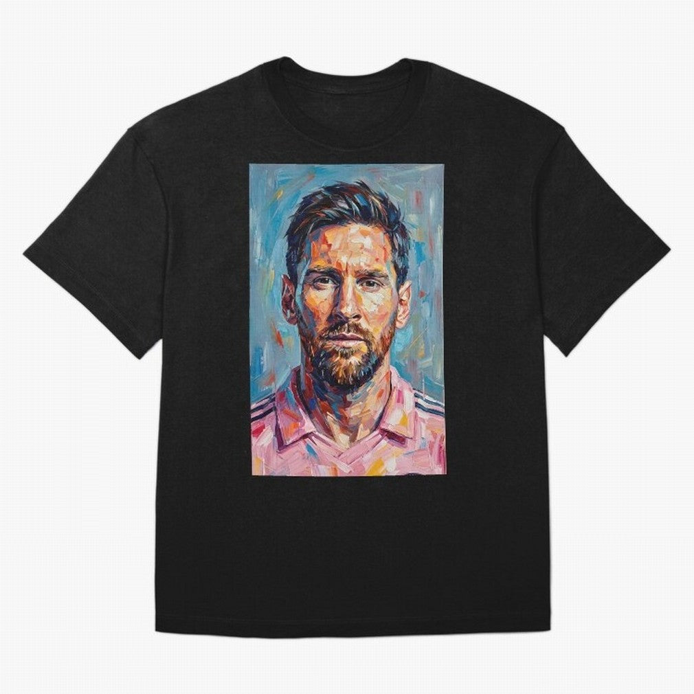 Portrait Painting of Lionel Messi Classic T-Shirt Celebrate Fan Culture around FIFA World Cup 2026 USA Canada Mexico Connected to Mbappe and Neymar, Argentina and Brazil Energy, Classic Soccer Heritage, Championship Pressure, Fan Loyalty and