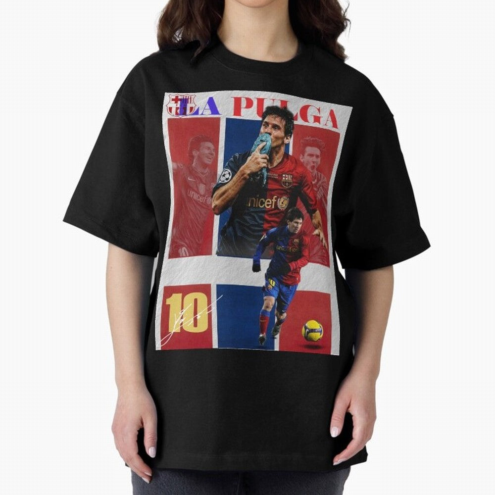 Lionel Messi 2009 UCL Barcelona Poster Oversized T-Shirt Show Love for Legendary Goals in FIFA World Cup 2026 Spirit, Filled with Germany, Neymar, Haaland and Cristiano Ronaldo, Goal Celebration Energy, Supporter Heritage, Football Icons and