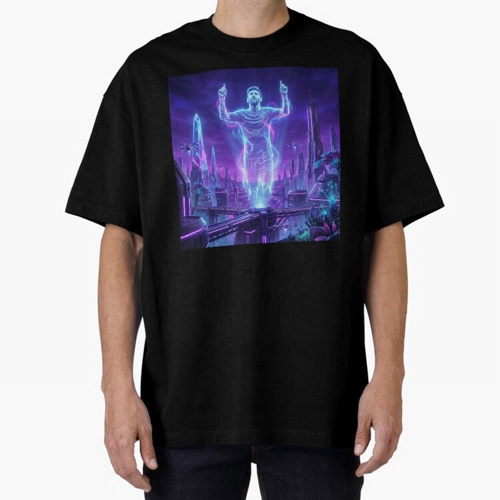 Lionel Messi (GOAT) Hologram in Futuristic Cyberpunk City (Version 2) Classic T-Shirt Fuel the Hype around the FIFA World Cup 2026 Journey through Haaland Highlights, England Pride, Sports Nostalgia, International Competition, Famous Players and