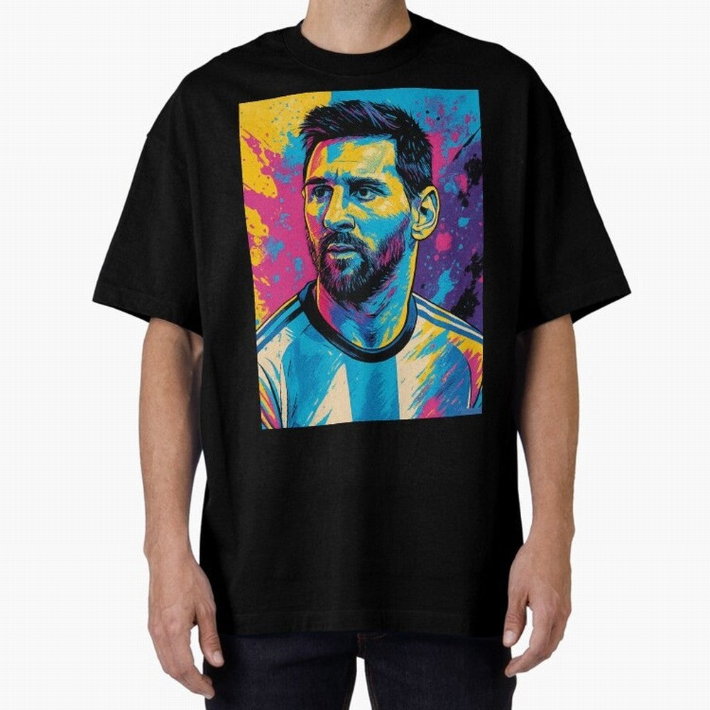 Messi Pop Art Portrait Oversized T-Shirt Mark the FIFA World Cup 2026 Group Stage Journey through Cristiano Ronaldo, Haaland and CR7 Highlights, Brazil, Portugal and Argentina Pride, Vintage Soccer Flavor, Modern Football Stars, National Flags and