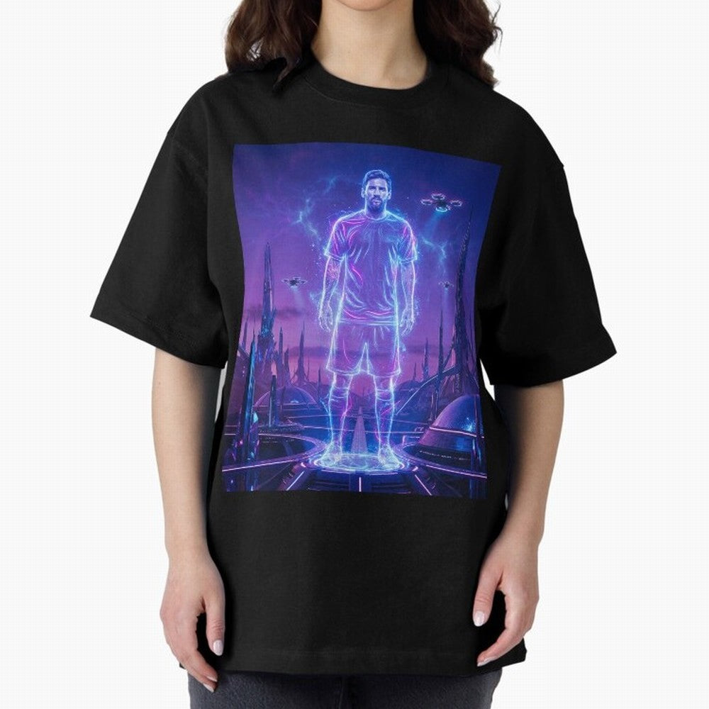 Lionel Messi (GOAT) Hologram in Futuristic Cyberpunk City (Version 4) Classic T-Shirt Share FIFA World Cup 2026 for Fans of Neymar, Haaland and Cristiano Ronaldo and Brazil, Portugal and Argentina, Bringing Game Day Rituals, Football Legends,