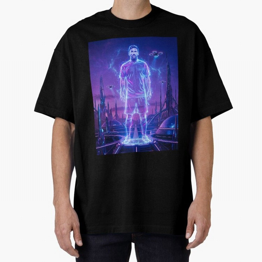 Lionel Messi (GOAT) Hologram in Futuristic Cyberpunk City (Version 4) Classic T-Shirt Share FIFA World Cup 2026 for Fans of Neymar, Haaland and Cristiano Ronaldo and Brazil, Portugal and Argentina, Bringing Game Day Rituals, Football Legends,