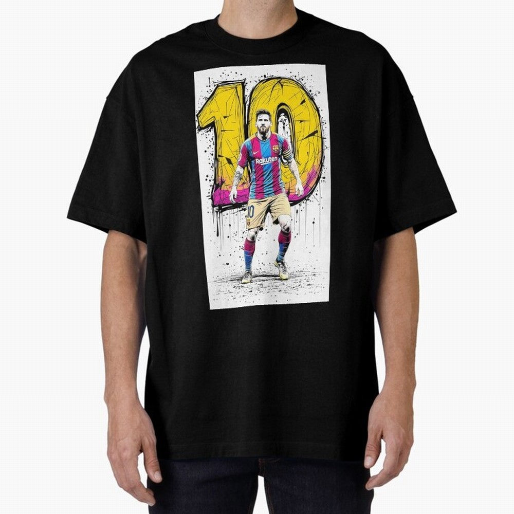 Lionel Messi Barcelona 10 Fan Art Oversized T-Shirt Turn Up for FIFA World Cup 2026 USA Canada Mexico Driven by Messi and Cristiano Ronaldo, Portugal, Spain and Germany Energy, Championship Spirit, Famous Goals, Roaring Crowds and International