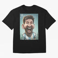Lionel Messi Caricature Art with Autograph Oversized T-Shirt Follow the Final Road of Global Football Passion for FIFA World Cup 2026, Highlighting Mbappe and Neymar, France, Football Festival Excitement, Trophy Ambitions, Country Rivalries and
