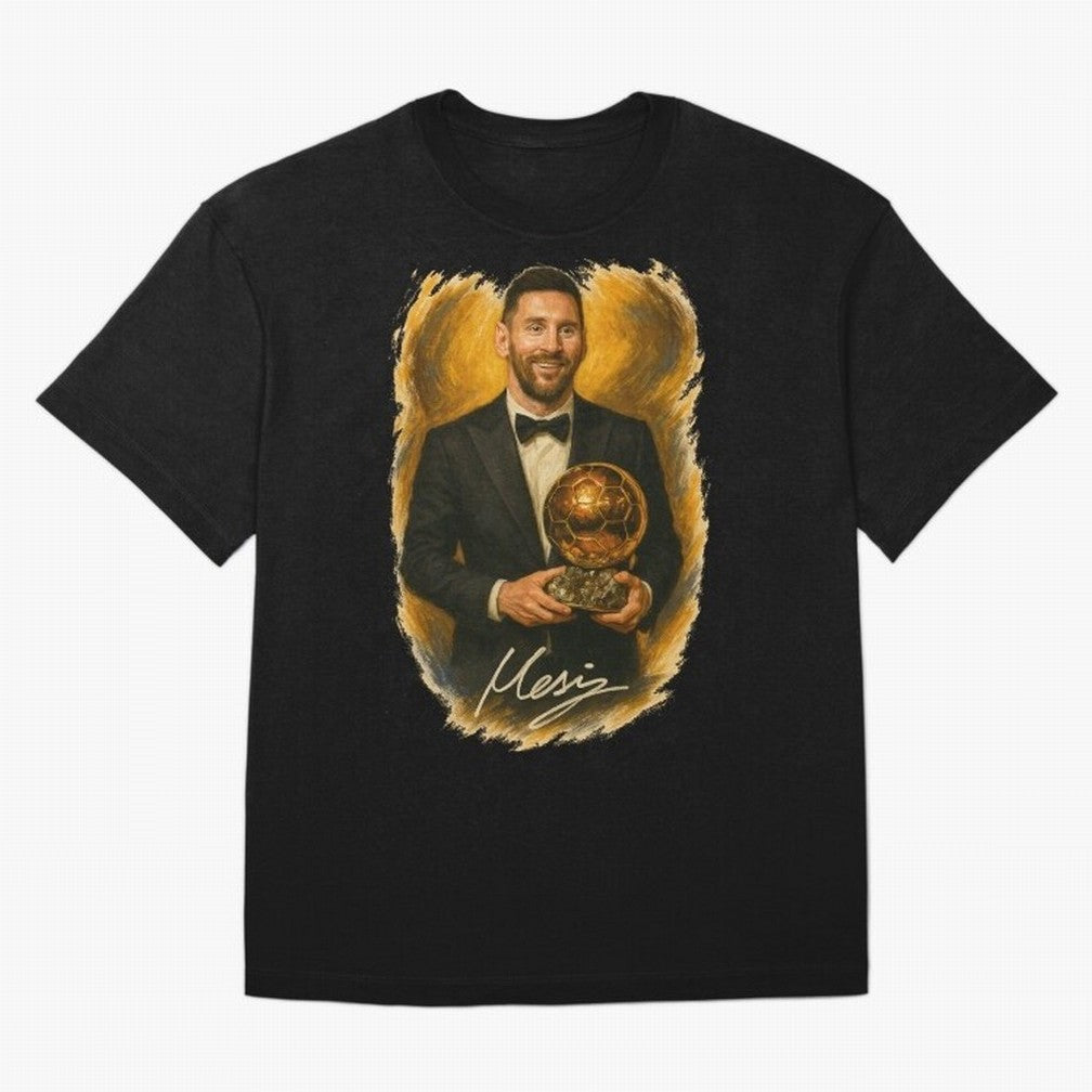 Lionel Messi Ballon d'Or Portrait ¨C Football Legend in Tuxedo Holding Trophy Classic T-Shirt Refresh the FIFA World Cup 2026 USA Canada Mexico Journey through Neymar, Haaland and Cristiano Ronaldo Highlights, England, France and Netherlands Pride,