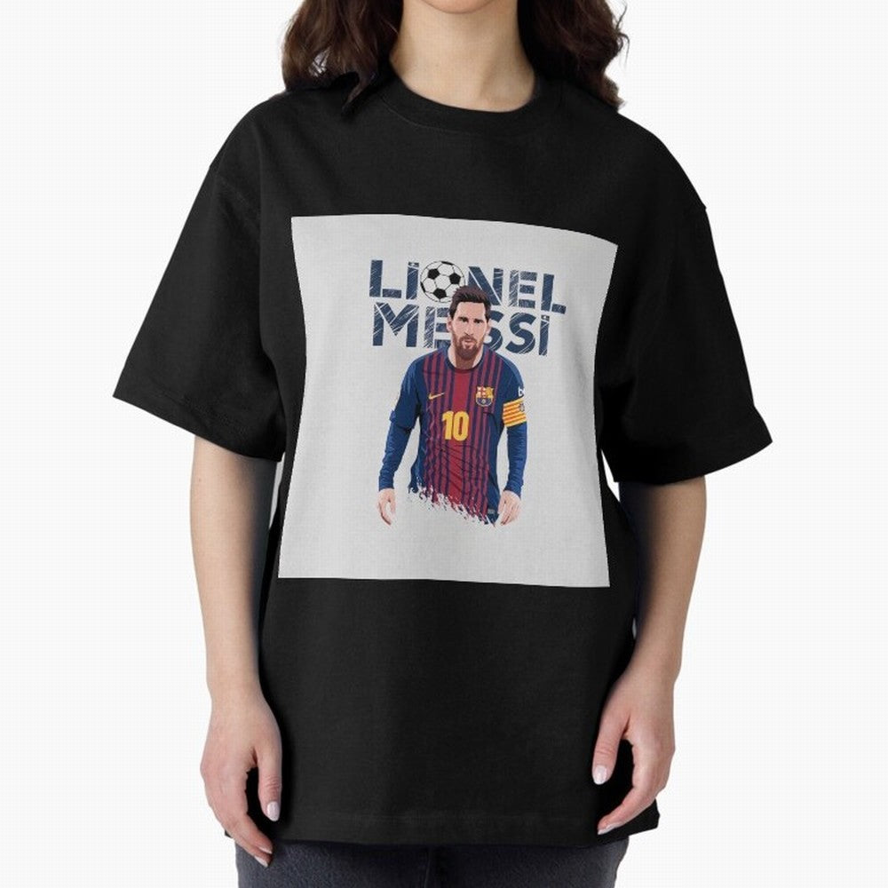 Stylized Lionel Messi Barcelona Illustration ¨C Iconic Football Artwork Oversized T-Shirt Bring Retro Soccer Energy to Global Football Passion for FIFA World Cup 2026, with Neymar, Haaland and Cristiano Ronaldo, Spain and Netherlands, Retro