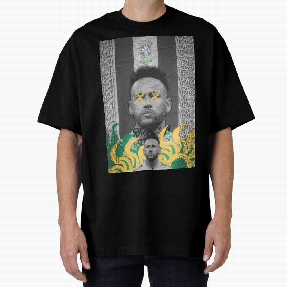 Brazil Football Star Grunge Poster Oversized T-Shirt Celebrate Rivalries and Pride in FIFA World Cup 2026 for Fans of Neymar and Portugal, Spain and Germany, Bringing Retro Football Energy, Iconic Rivalries, Trophy Chase Drama and Stadium