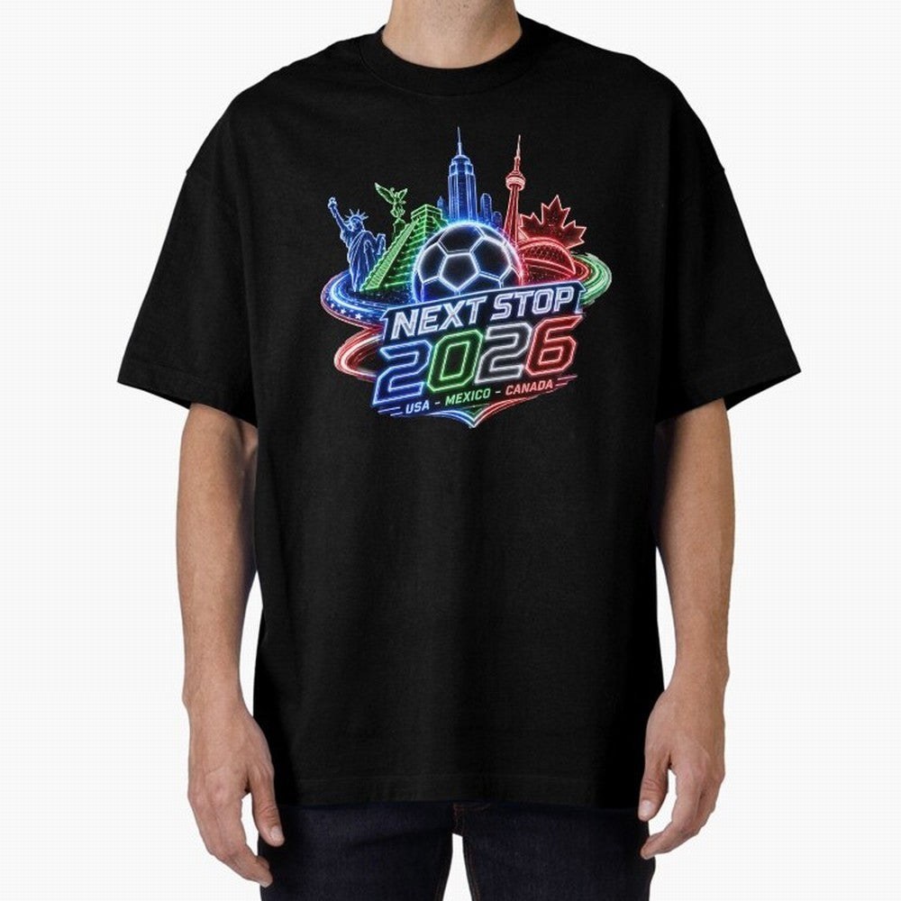 Next Stop 2026 USA Mexico Canada Neon Soccer Emblem Classic T-Shirt Carry FIFA World Cup 2026 USA Canada Mexico for Fans of Messi and Cristiano Ronaldo and England, France and Netherlands, Bringing Global Supporter Spirit, Legendary Goals, National