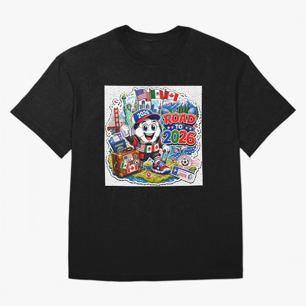 Road to 2026 Football Travel Classic T-Shirt Embrace Global Football Passion for FIFA World Cup 2026, Capturing Mbappe and Neymar, Brazil, Portugal and Argentina, Retro Football Energy, Iconic Rivalries, Trophy Chase Drama and Stadium Atmosphere;