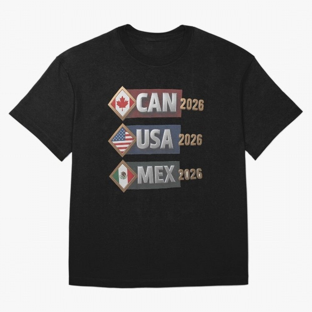 CAN USA MEx 2026 Flags, Canada USA Mexico Soccer Tournament Classic T-Shirt Unlock FIFA World Cup 2026 Driven by Messi, Neymar and Mbappe, Spain Energy, Worldwide Fan Energy, Dramatic Goals, Stadium Lights and Championship Celebrations; Ideal for