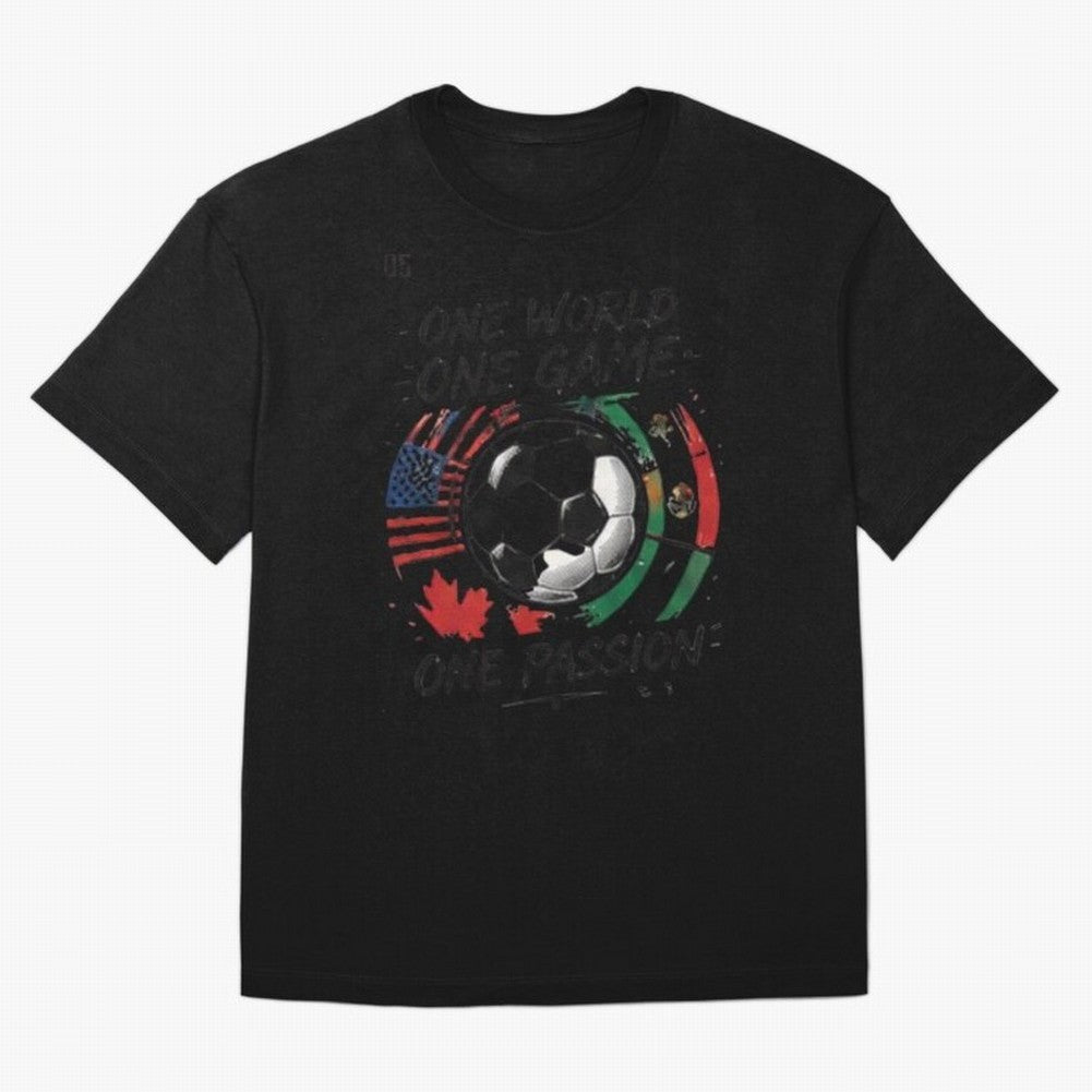 One World One Game Football Graphic Tee Classic T-Shirt Live the Energy of FIFA World Cup 2026 USA Canada Mexico Spirit, with Argentina, France and Brazil, Neymar, Supporter Pride, Iconic Celebrations, Legendary Names and Global Match Day Energy;