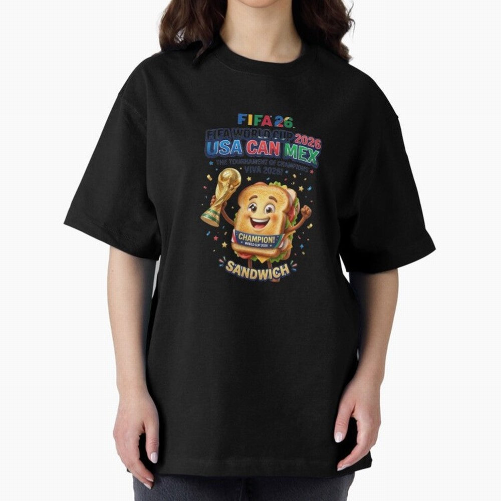 Cartoon Sandwich Champion Holding 2026 World Cup Trophy Classic T-Shirt Live the Energy of Match Day Hype around FIFA World Cup 2026 Group Stage, Messi, Neymar and Mbappe, England and Germany, Champion Mindset, Group Stage Buzz, Knockout Tension