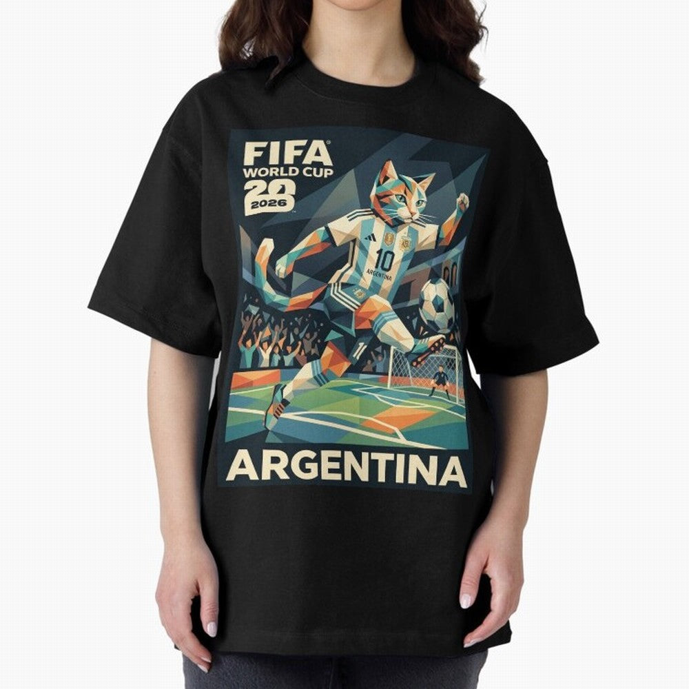 Argentina Cat World Cup 2026 ¨C Geometric Football Art Classic T-Shirt Capture Global Football Passion for FIFA World Cup 2026 USA Canada Mexico, Inspired by Mbappe and Neymar, Portugal, Spain and Germany, Sports Nostalgia, International