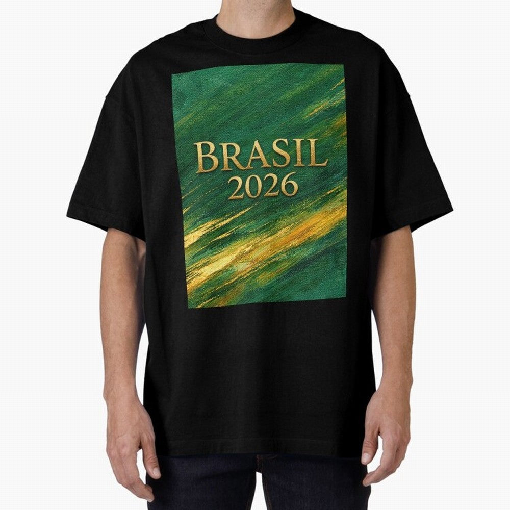 Brasil 2026 Gold Soccer Theme Oversized T-Shirt Bring World Football Passion into FIFA World Cup 2026 USA Canada Mexico Spirit, Inspired by France, Messi, Championship Spirit, Famous Goals, Roaring Crowds and International Football Unity; Ideal for