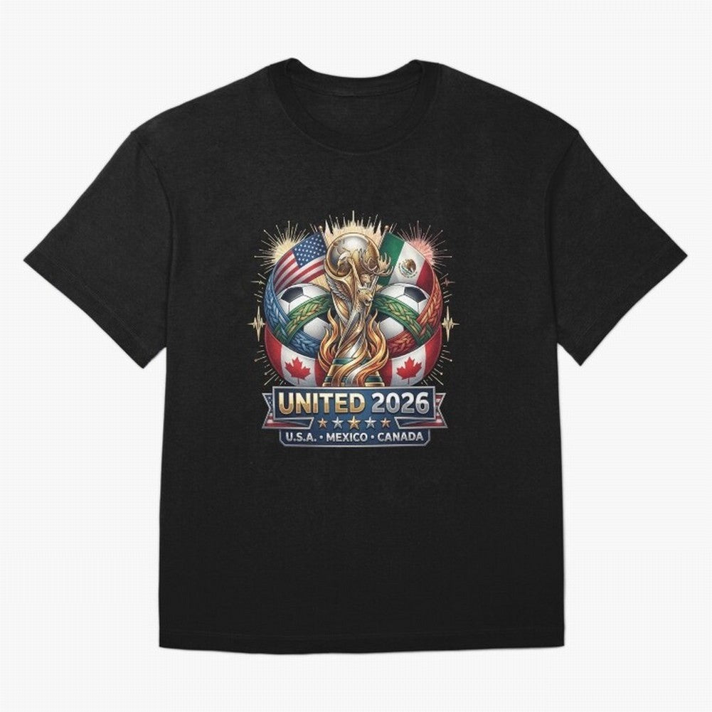 United 2026 Soccer Nations Trophy - USA Mexico Canada Mascot Art Oversized T-Shirt Join Global Football Passion for FIFA World Cup 2026 USA Canada Mexico, Centered on CR7 and Messi, Portugal, Sports Nostalgia, International Competition, Famous