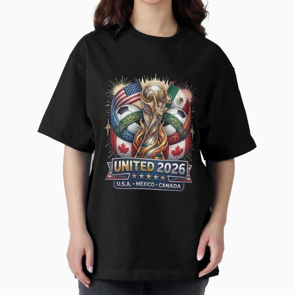 United 2026 Soccer Nations Trophy - USA Mexico Canada Mascot Art Oversized T-Shirt Join Global Football Passion for FIFA World Cup 2026 USA Canada Mexico, Centered on CR7 and Messi, Portugal, Sports Nostalgia, International Competition, Famous