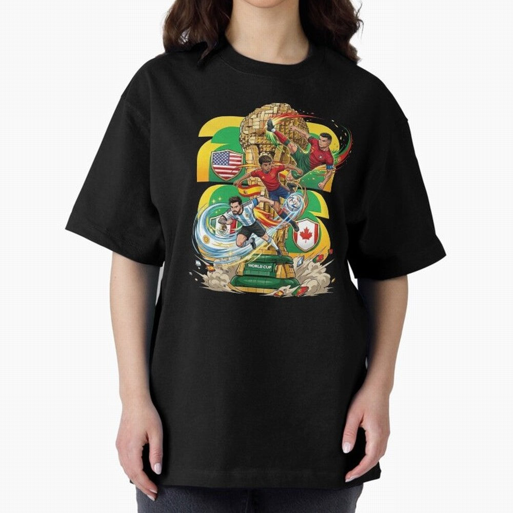 World Cup Teams 2026 Oversized T-Shirt Discover FIFA World Cup 2026 USA Canada Mexico Inspired by Messi and Cristiano Ronaldo, Spain and Netherlands Energy, Worldwide Fan Energy, Dramatic Goals, Stadium Lights and Championship Celebrations; Made
