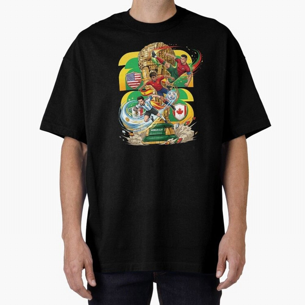 World Cup Teams 2026 Oversized T-Shirt Discover FIFA World Cup 2026 USA Canada Mexico Inspired by Messi and Cristiano Ronaldo, Spain and Netherlands Energy, Worldwide Fan Energy, Dramatic Goals, Stadium Lights and Championship Celebrations; Made